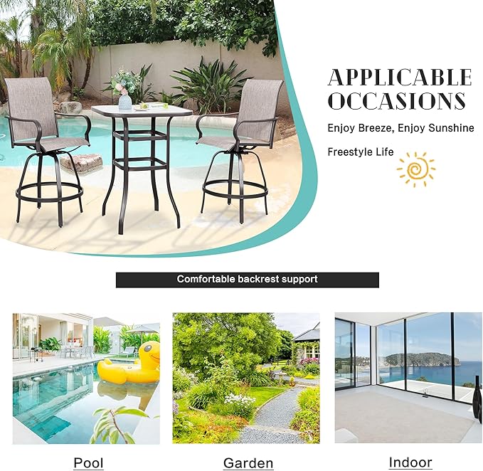 Vongrasig 5 Piece Patio Swivel Bar Set, All Weather Mental Textilene High Swivel Bar Stools Chair Set of 4 and Glass Bar Table, Outdoor High Top Bistro Set for Lawn Garden, Balcony, Taupe