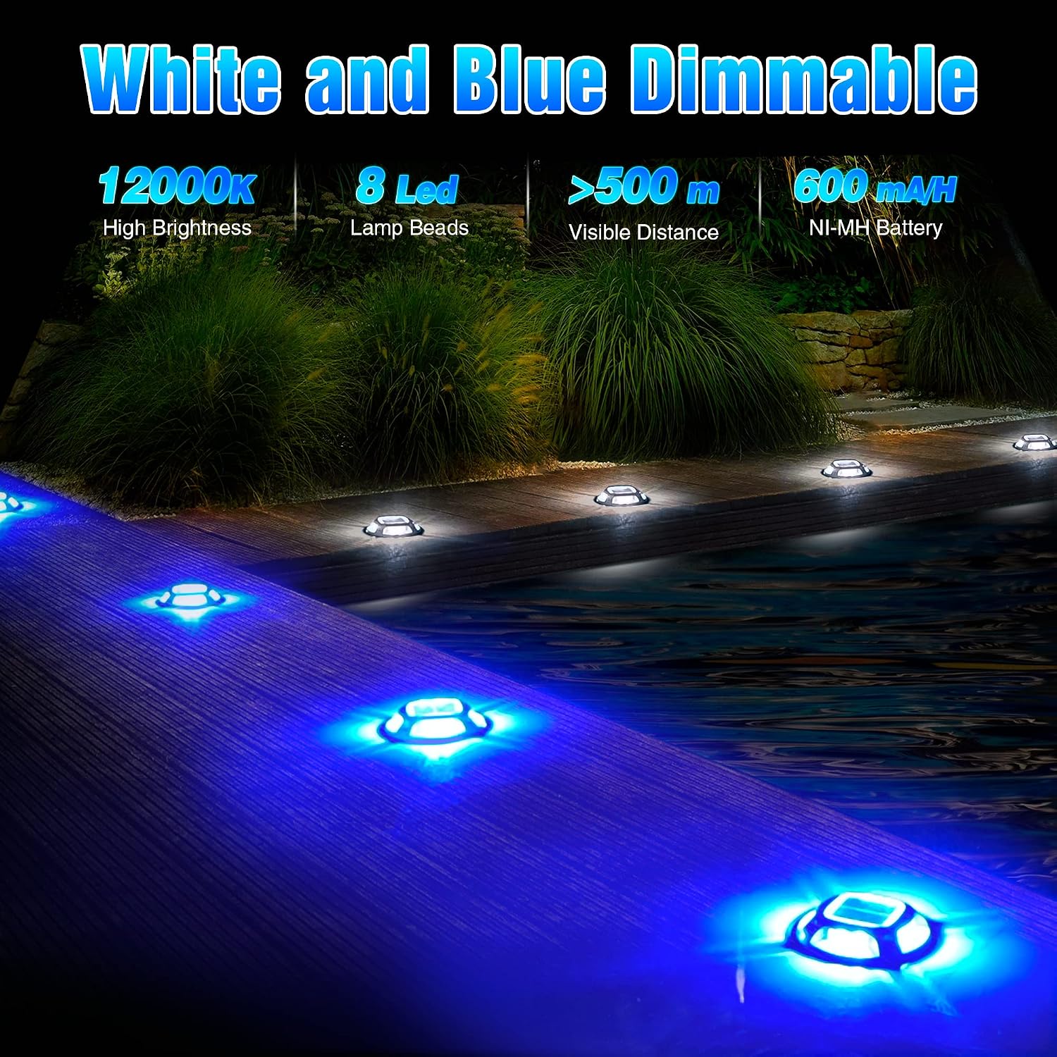 Solar Driveway Lights - 10 Pack, IP68 Waterproof, 2 Color Modes (Blue/White) for Step, Sidewalk, Pathway, Patio, Garden