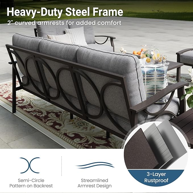 RoyalCraft 2-Pieces Outdoor Patio Furniture Set, Outdoor Metal Sectional Furniture with Cushions, Outdoor Conversation Set with Coffee Table for Backyard, Garden, Balcony, Deck, Grey