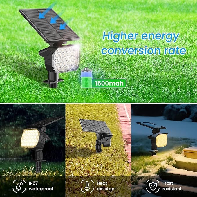 VOLISUN Solar Spotlight Outdoor, IP67 Waterproof Solar Landscape Spot Lights，Uplights for Yard Garden Pathway - 2 Pack (Warm White) 27 LED 3 Lighting Modes