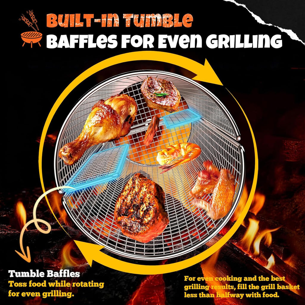 2-in-1 Rolling Grill Basket 304 Stainless Steel Rotatable with Dual Handles | Crank & Straight Grip Handles, Grill Net for Vegetables Shrimp & More, Ideal BBQ Gift for Men, Dad, Husband, Dishwasher Safe