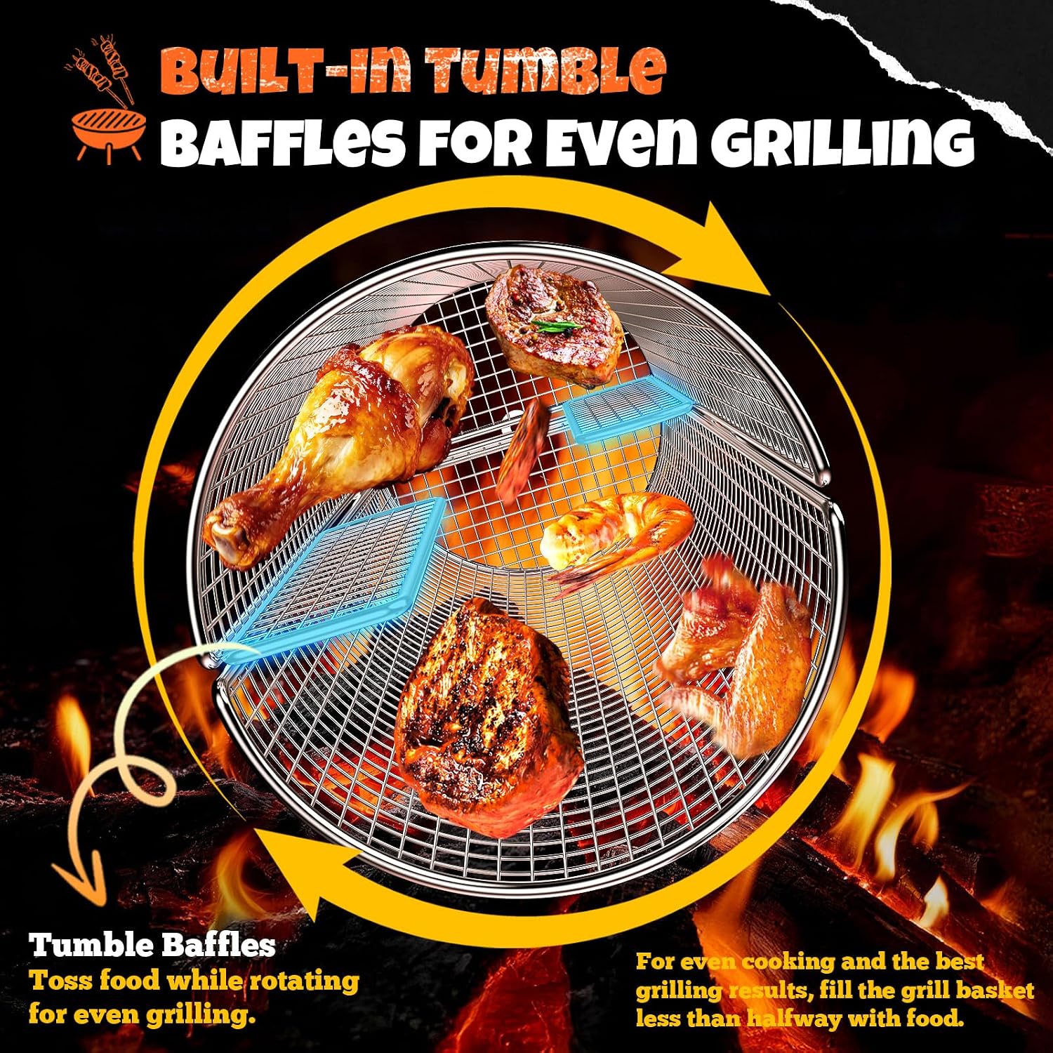 2-in-1 Rolling Grill Basket 304 Stainless Steel Rotatable with Dual Handles | Crank & Straight Grip Handles, Grill Net for Vegetables Shrimp & More, Ideal BBQ Gift for Men, Dad, Husband, Dishwasher Safe
