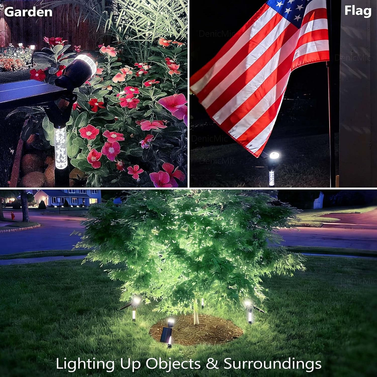 DenicMic Solar Spot Lights Outdoor Waterproof White Lens LED 4 Pack | Adjustable Angle Long Range Solar Lights Outdoor for Yard Garden Patio Wall Tree Landscape Spotlights, Acrylic Lighted Pole