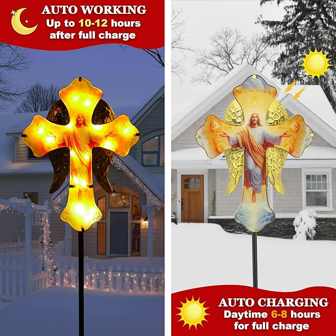 Solar Jesus Cross Garden Lights for Graves - Angel Wing Memorial Decor, Waterproof Cemetery Solar Stake Lights for Easter, Patio, Yard - Sympathy Gifts for Loved Ones1.