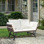 Greesum Outdoor Sofa, Woven Rattan Patio Furniture, Convertible Daybed or Double Chair with Adjustable Armrests, Cushions and Pillows for Yard, Porch, Pool, Brown Lounger & Beige Pillowcase