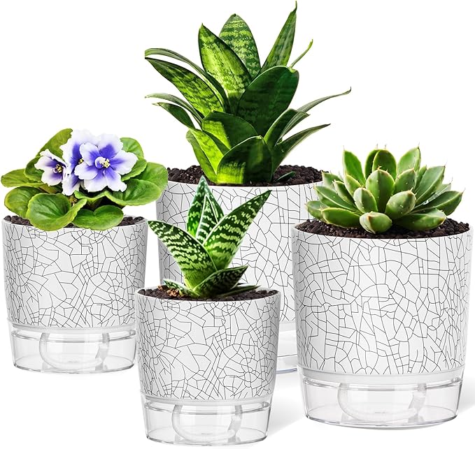 4 Pack Self Watering Pots for Indoor Plants, 4" + 5.5" Flower Pots with Wick Rope and Reservoir, Plant Pots for African Violet, Spider Plant, Orchid