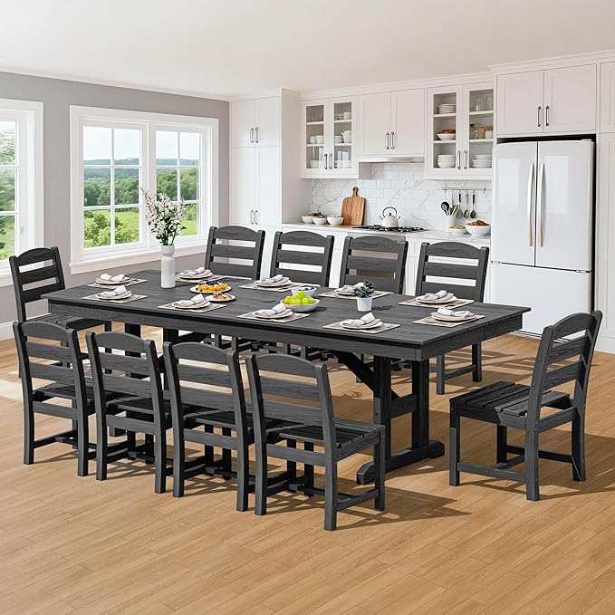 SERWALL Outdoor Dining Table, 84" Rectangular Dining Table for 6-10 Person, All Weather HDPE Outdoor Furniture for Backyard, Garden, Black