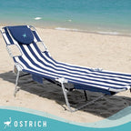 Ostrich the Backpack Chaise Lounge, Folding & Reclining Outdoor Beach Chaise Lounger Chair for Lawn, Pool, Patio, Garden, and Yard, Blue Stripe