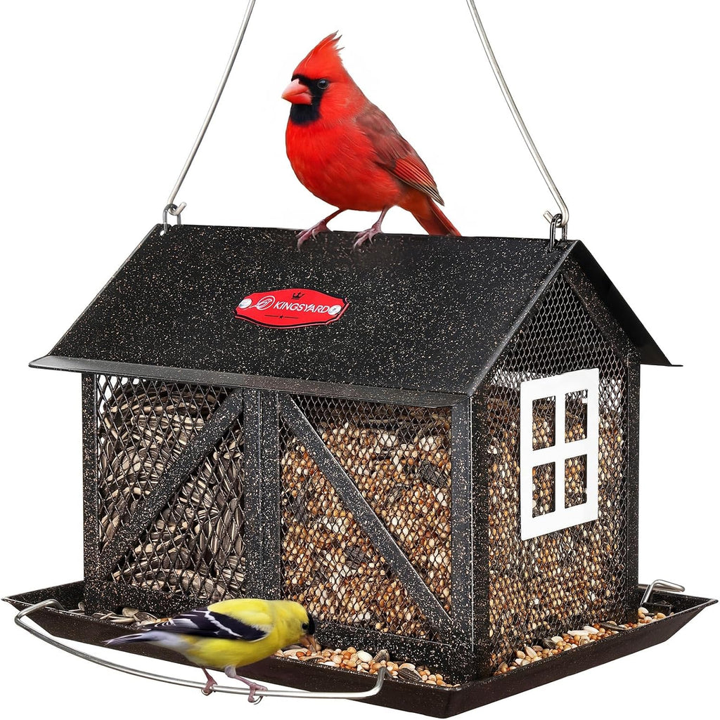 Kingsyard Metal Bird Feeder for Outdoors Hanging, 2-in-1 Wild Bird Feeder with Seed Tray & Built-in Perch, 5 lb Large Capacity for Cardinal Chickadee Finch, Black