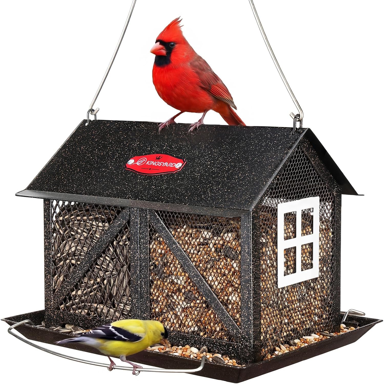 Kingsyard Metal Bird Feeder for Outdoors Hanging, 2-in-1 Wild Bird Feeder with Seed Tray & Built-in Perch, 5 lb Large Capacity for Cardinal Chickadee Finch, Black
