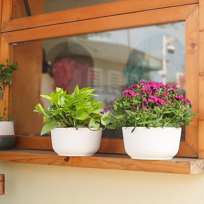 T4U 8 Inch Self Watering Pots for Indoor Plants, 2 Pack Plant Pots, Durable Plastic Self Watering Planter for Indoor Plants (2 Pack, 8", White)