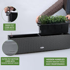 Dexceder 31.5 Inch Rattan Self Watering Planter Indoor Outdoor, Thickened Large Rail Flower Plant Pot Window Box with Water Level Indicators & Bracket (Deep Gray)