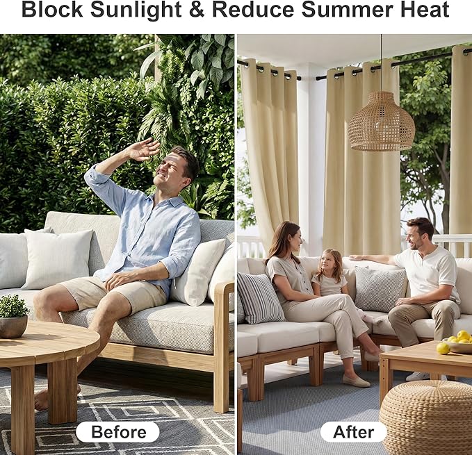 RYB HOME Outdoor Curtains for Patio Waterproof Block Sunlight Thermal Insulated Privacy Assured Thick Outside Curtains for Porch, Gazebo, Pergola, W84 x L84, Biscotti Beige, 1 Panel