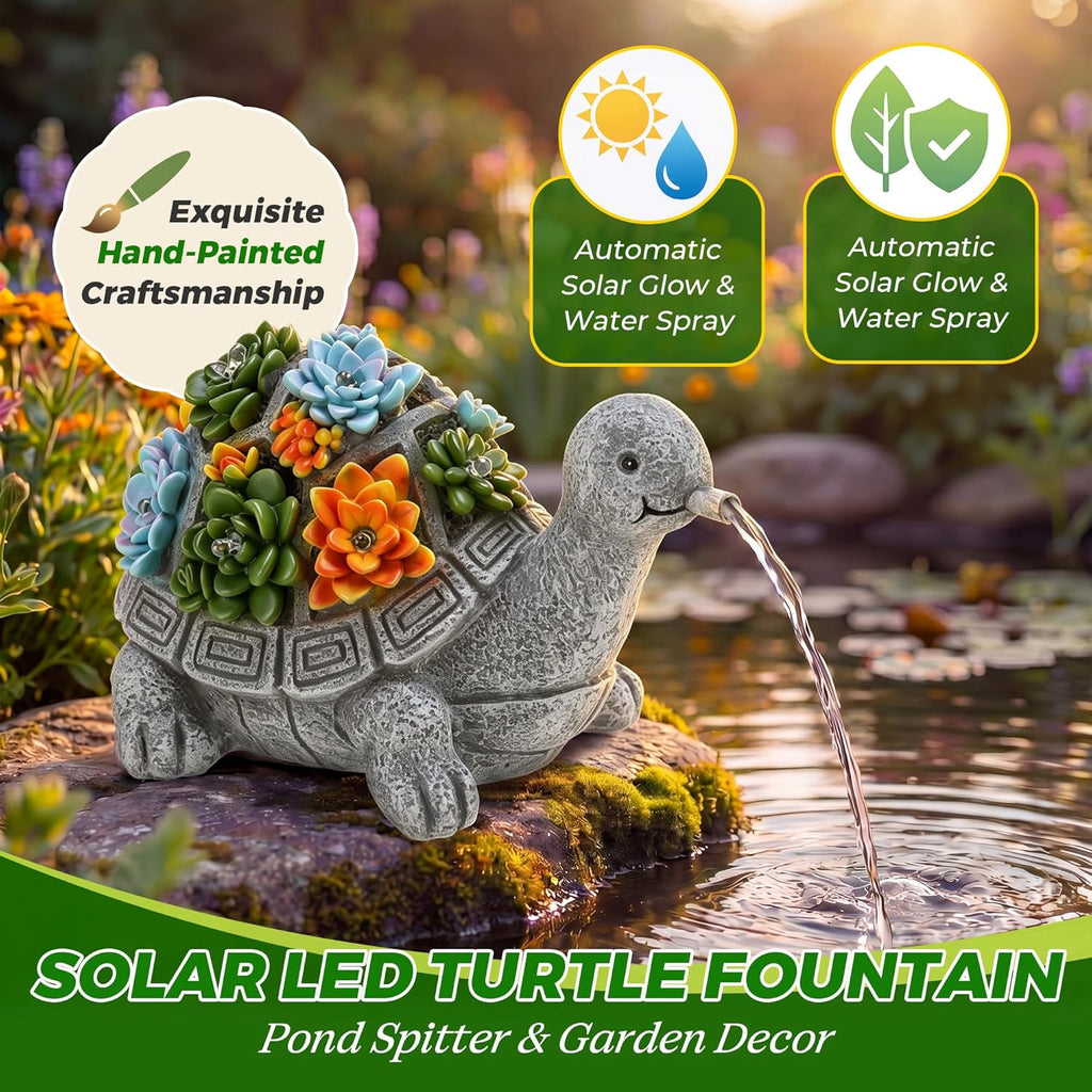Jetec Solar Garden Statue Fountain Turtle, Pond Water Spitter Aerator | Not Included Tubing, Lawn Decor Tortoise Statue with Succulent & LED Lights for Outdoor Patio, Yard, Ponds Decor, Ideal Gift