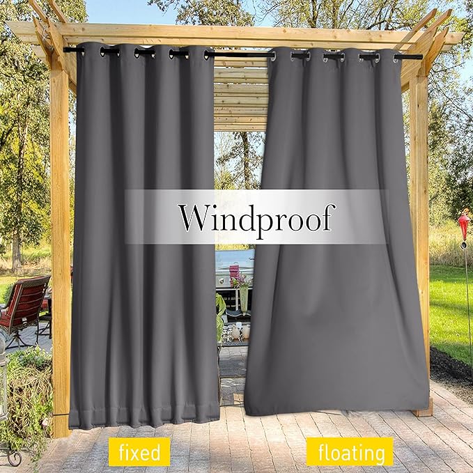 NICETOWN 2 Panels Outdoor Curtains for Patio Waterproof & Windproof, Grommet & Back Tab on Top & Bottom Weighted Drapes Keep Sun/Rain Out with Bouns Rope for Deck, Grey, W84 x L95