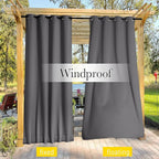 NICETOWN 2 Panels Outdoor Curtains for Patio Waterproof & Windproof, Grommet & Back Tab on Top & Bottom Weighted Drapes Keep Sun/Rain Out with Bouns Rope for Deck, Grey, W66 x L90