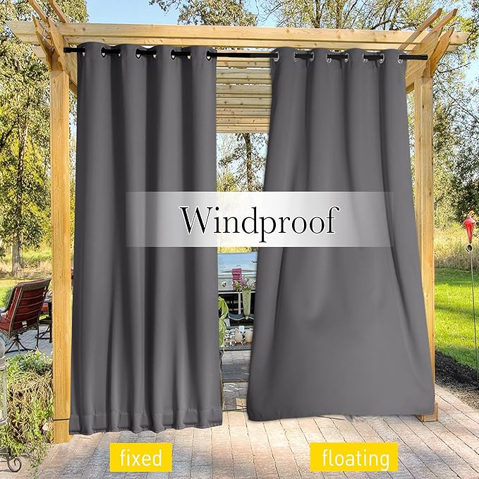 NICETOWN 2 Panels Outdoor Curtains for Patio Waterproof & Windproof, Grommet & Back Tab on Top & Bottom Weighted Drapes Keep Sun/Rain Out with Bouns Rope for Deck, Grey, W66 x L90