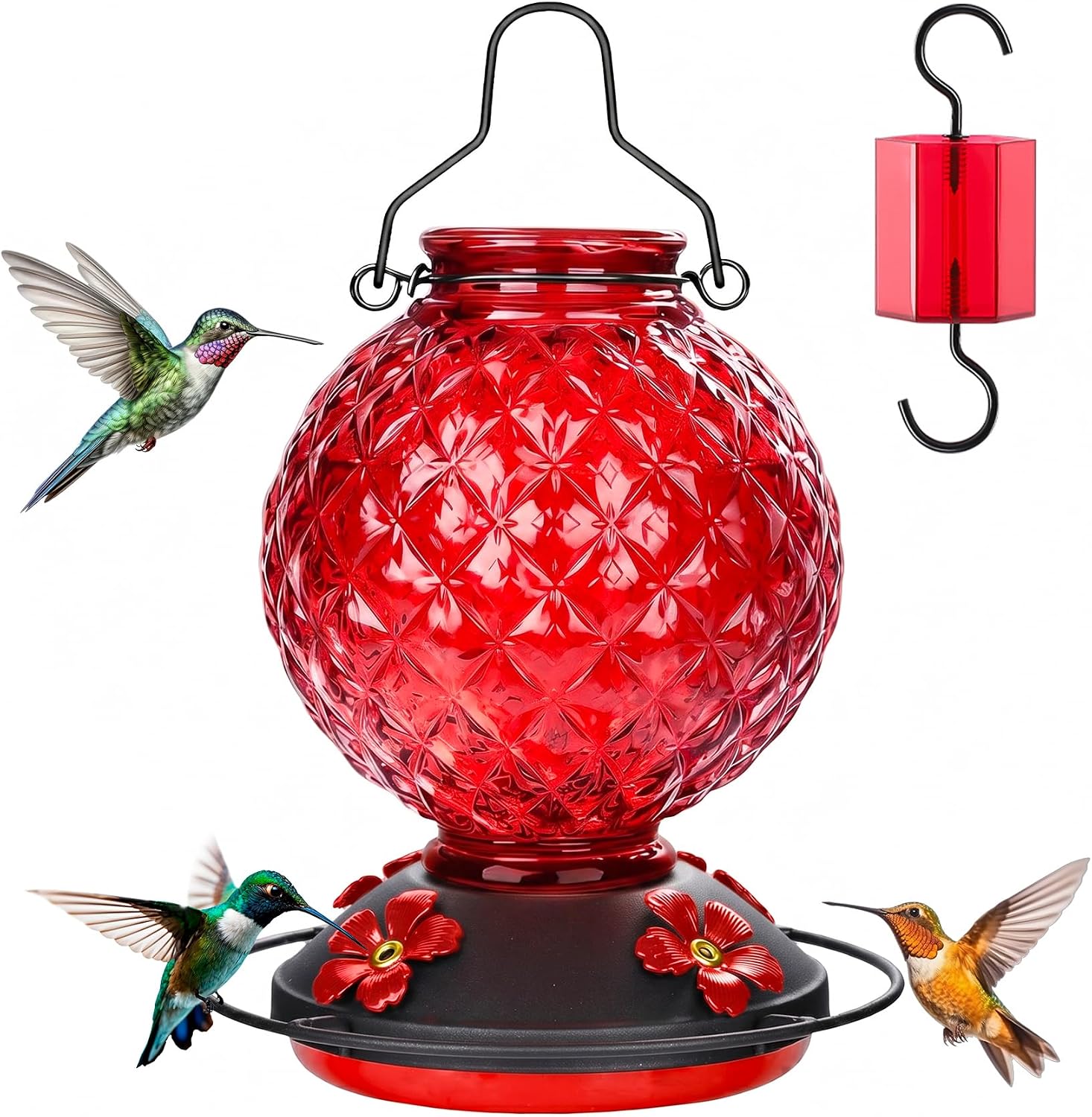 25 OZ Glass Hummingbird Feeder for Outdoors, Leak Proof Hummingbird Feeder with Ant Moat, 4 Bee Resistant Feeding Ports, Easy Clean Wide Mouth Design, Hanging Nectar Feeder, Red