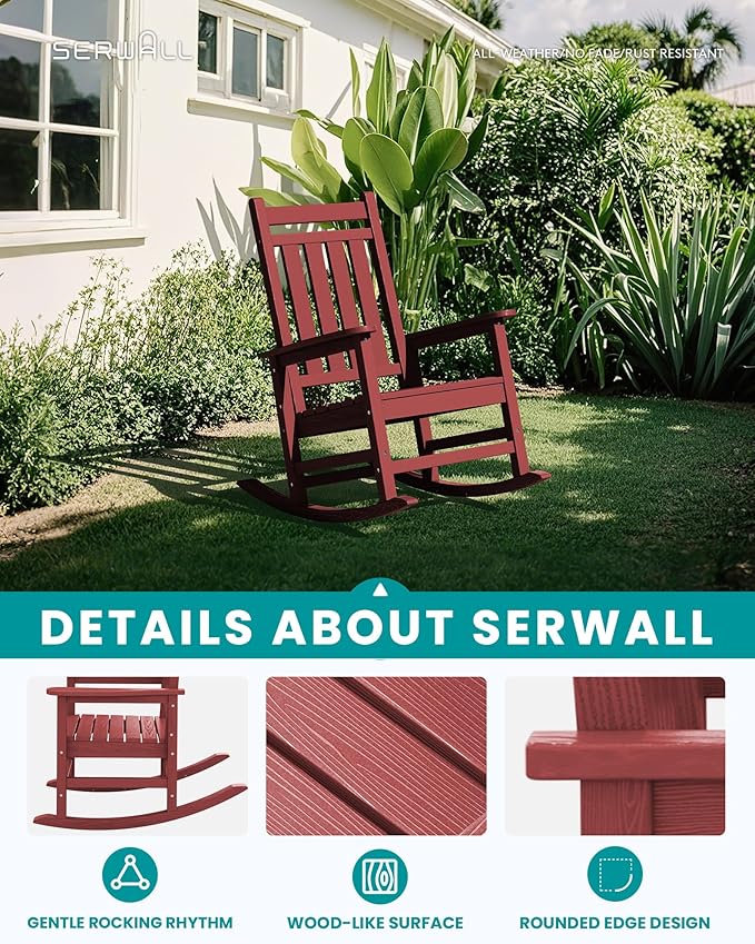 SERWALL Oversized Outdoor Rocking Chair Set of 4, HDPE Rocker for Adults, Patio Rocking Chairs for Porch, Crimson Red