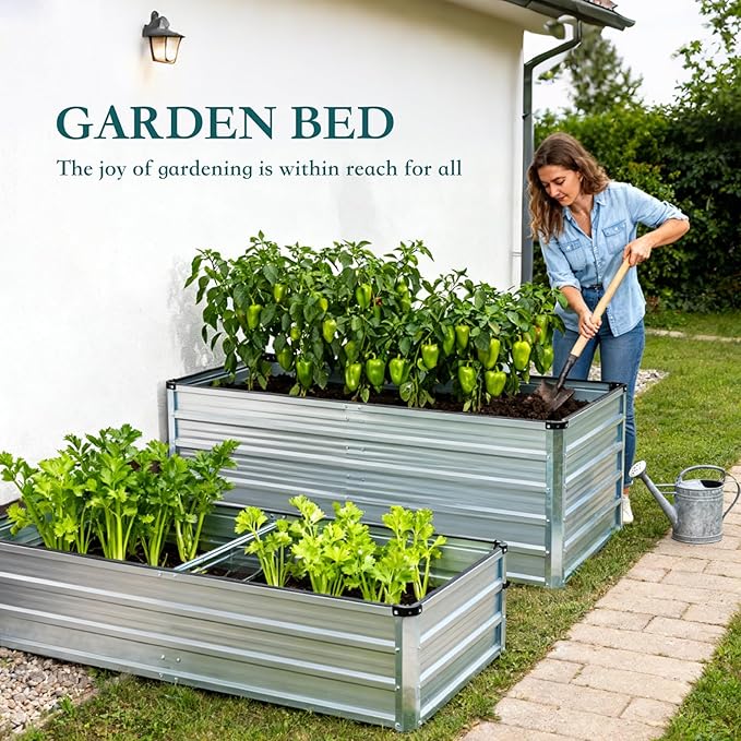 DUMOS Raised Garden Bed Outdoor, 2 Pcs 6x3x1ft Planter Box Outdoor for Deep-Rooted Herbs/Flowers/Vegetables, Large Metal Garden Bed for Patio, Balcony and Backyard, Silver