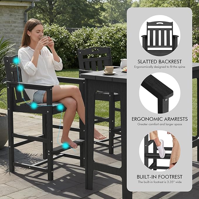 Ciokea Outdoor Bar Height Table Set of 5, 60" Extra Long Rectangle High Top Table and 4 Oversized Adirondack Chairs Set, Heavy-Duty All-Weather HDPE Patio Bar Set for Backyard Balcony Deck, Black