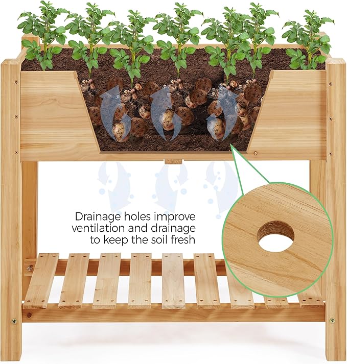 Yaheetech 34x18x30in Horticulture Raised Garden Bed 2pcs Planter Box with Legs & Storage Shelf Wooden Elevated Vegetable Growing Bed for Flowers, Backyard, Patio, Balcony, Light Brown