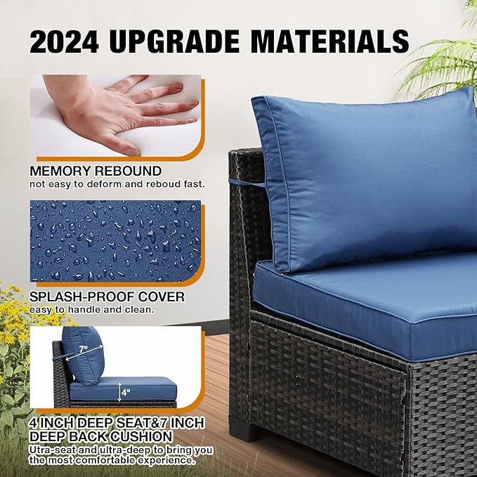 6 Pieces Patio Furniture Set All-Weather Outdoor Wicker Sectional Conversation Sofa Rattan Patio Seating Sofa with Cushion and Glass Table for Porch Poolside,Navy