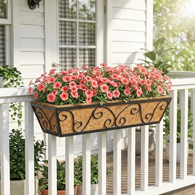 Y&M 24 Inch Window Deck with Coco Liner, Fence Metal Hanging Flower Planter Window Basket Deck Railing Planter Boxes for Outdoor Garden Lawn-Butterfly,4pcs