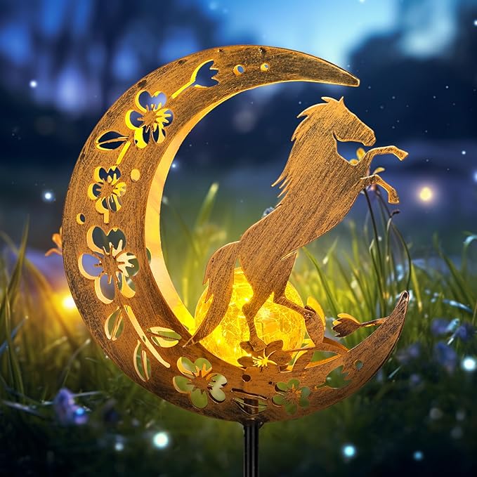 Solar Lights Outdoor Waterproof - Moon & Horse Landscape Lighting, Weatherproof SolarGarden Stakes with 8-10H Auto On/Off, Decorative Pathway Markers for Driveway/Walkway/Equestrian Farms