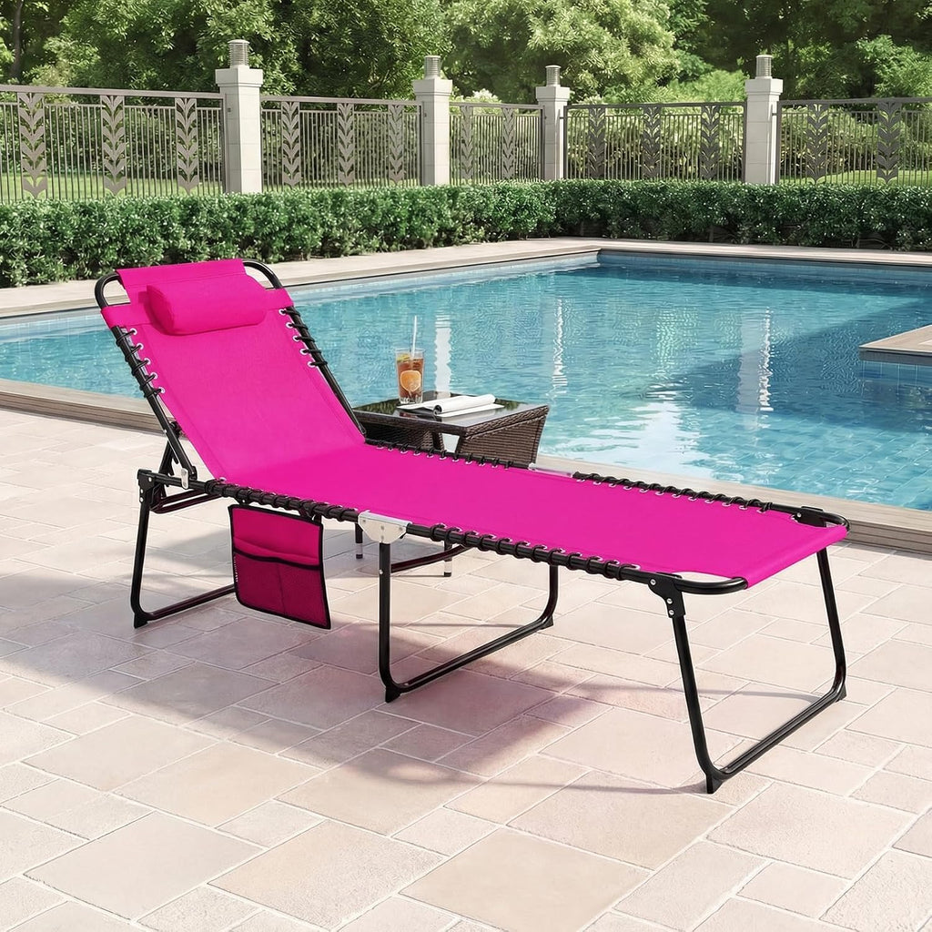 GYMAX Lounge Chairs for Outside, Extra High Folding Beach Tanning Lounger with 4-Level Adjustable Backrest, 2-Level Footrest & Removable Pillow, Sunbathing Lounge for Patio, Lawn, Poolside (1, Pink)