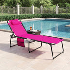 GYMAX Lounge Chairs for Outside, Extra High Folding Beach Tanning Lounger with 4-Level Adjustable Backrest, 2-Level Footrest & Removable Pillow, Sunbathing Lounge for Patio, Lawn, Poolside (1, Pink)