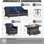Joyside Wicker Patio Furniture Sets, 5 Pieces Upgraded Large Size Outdoor Furniture with Swivel Rocking Patio Chairs, 3-Seat Sofa, Fire Table, Coffee Table, Thick Cushions, Wide Armrest, Blue