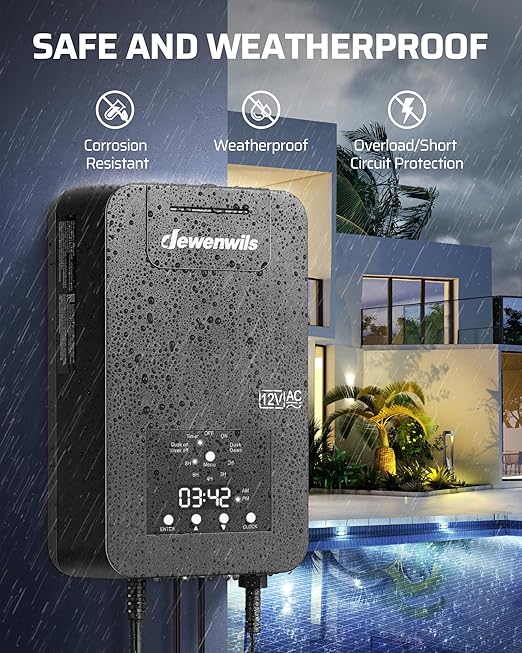 DEWENWILS 200W Low Voltage Landscape Transformer with Photocell Sensor & Timer, 120V AC to 12V/14V AC, Weatherproof Outdoor Landscape Lighting Transformer for Garden Lights, Spotlights, Steplights