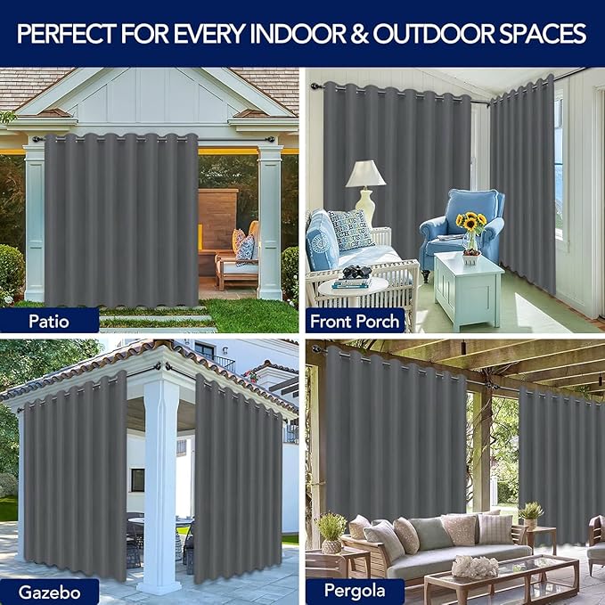 PureFit Outdoor Curtains for Patio Waterproof Weatherproof, UV Resistant Outside Curtains for Gazebo, Front Porch, Pergola, Sun Blocking Privacy Curtain, 120W x 95L inch, 1 Panel, Gray