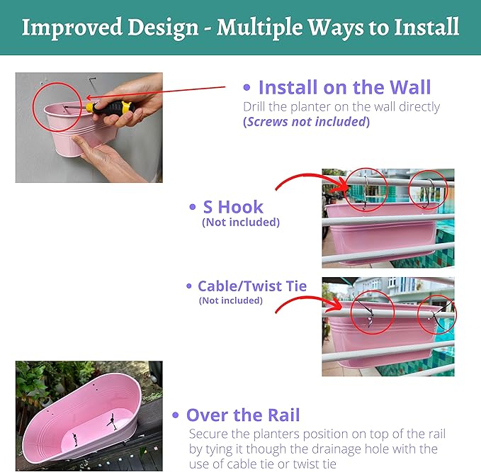 LaLaGreen Rail Planter Outdoor Plants (6 Pack, 9.8 Inch) Small and Cute Metal Iron Strawberry Hanging Flower Pot Deck Railing, Colorful Mini Fence Bucket Wall Mount Window Box Plant Holder Porch Decor