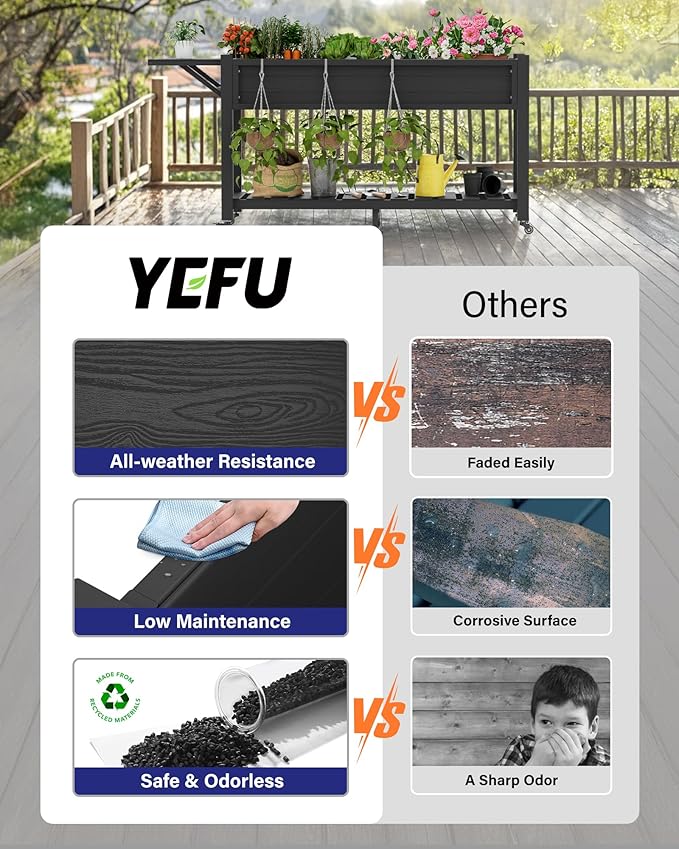 YEFU Raised Garden Bed with Legs: 57x18x30in Weight Capacity 400lb - Waterproof Raised Planter Box with Wheels - Elevated Garden Bed with Storage Shelf - Weather Resistant - for Deck/Patio/Porch/Black