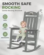 Oversized Rocking Chair Outdoor, High Back Porch Rocker Chair, HDPE All Weather Resistant Rocking Chairs for Patio, 380lbs Weight Capacity, Grey