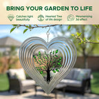 ISEO Silver Heart Wind Spinner Outdoor, 12 Inch Tree of Life Hanging Garden Decor, 3D Metal Yard Art for Porch Patio Balcony, Gift for Women Mom Grandma