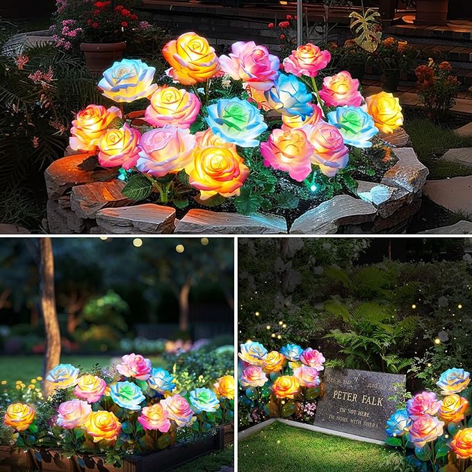 6-Pack Solar Flowers Outdoor Waterproof - Solar Garden Lights with Rose, Solar Flower Lights for Outside Yard Decorations Outdoor