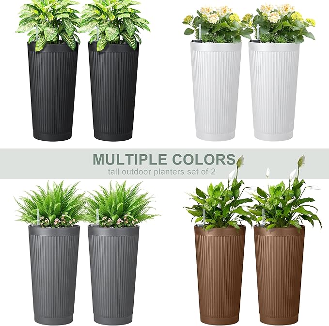 24" Large Planter Set of 2, Self Watering Tall Plastic Planters for Outdoor Plants, Modern Flower Pots Planter Outdoor for Patio, Front Door Decor, with Drainage (Gray Ribbed)