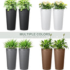 Self Watering Tall Black Planters Outdoor Set of 2, 24” Flower Pots Planters for Outdoor Plants, Modern Plastic Tall Planter for Front Porch, with Drainage Hole (Ribbed)