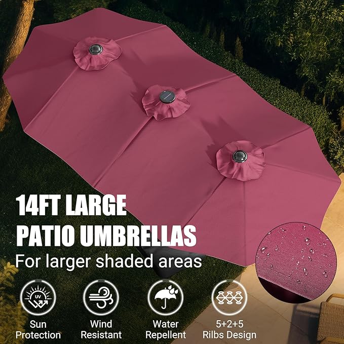 LEVELEVE 14FT Large Patio Umbrella with Base & Solar LED Lights - Double-Sided,Red