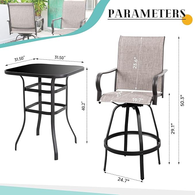 Vongrasig 5 Piece Patio Swivel Bar Set, All Weather Mental Textilene High Swivel Bar Stools Chair Set of 4 and Glass Bar Table, Outdoor High Top Bistro Set for Lawn Garden, Balcony, Taupe