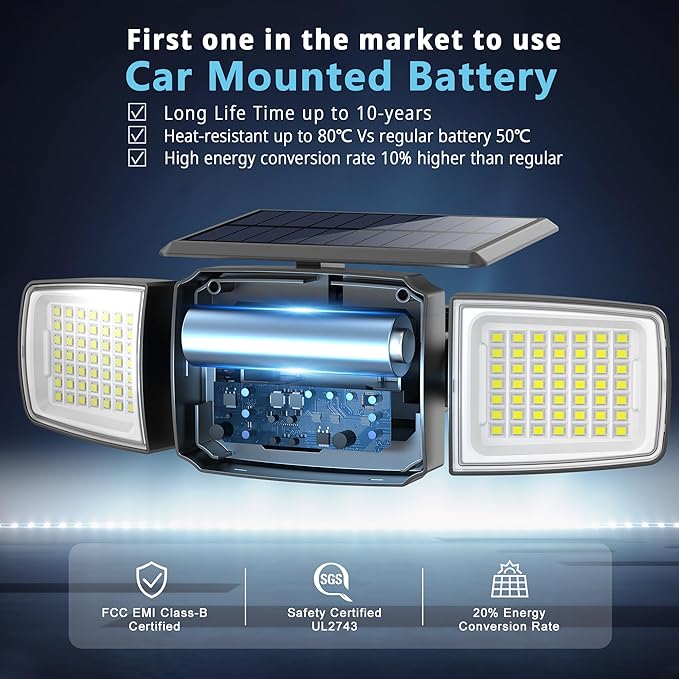 Solar Security Light Outdoor Super Bright LED, Motion Sensor Flood Light, 3 Heads 270° Wide Angle,Remote Control, IP65 Waterproof, 3 Modes (1 Pack)