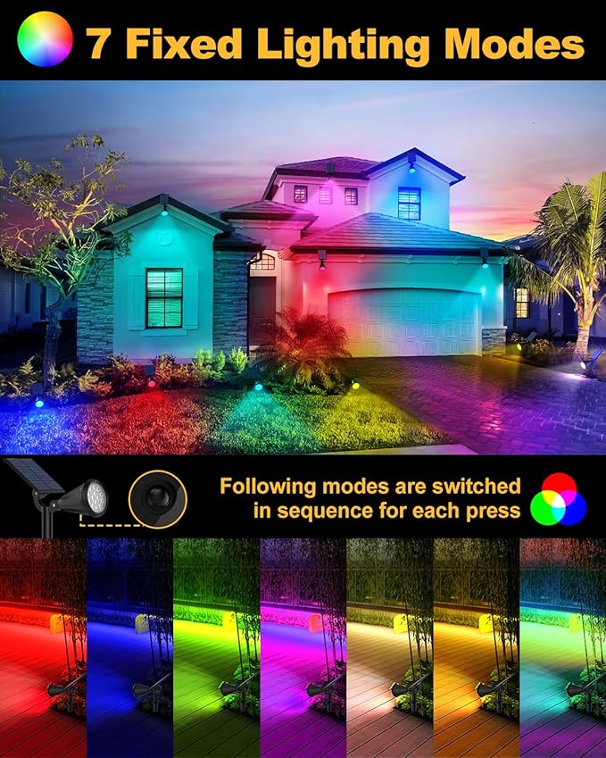 Solar Spot Lights Outdoor Color Changing, 7 Modes/14 LED Outdoor Solar Lights for Yard, Waterproof RGB Multicolor Solar Landscape Spotlights Auto On/Off for Flood, Yard, Tree, Pathway, 4 Pack
