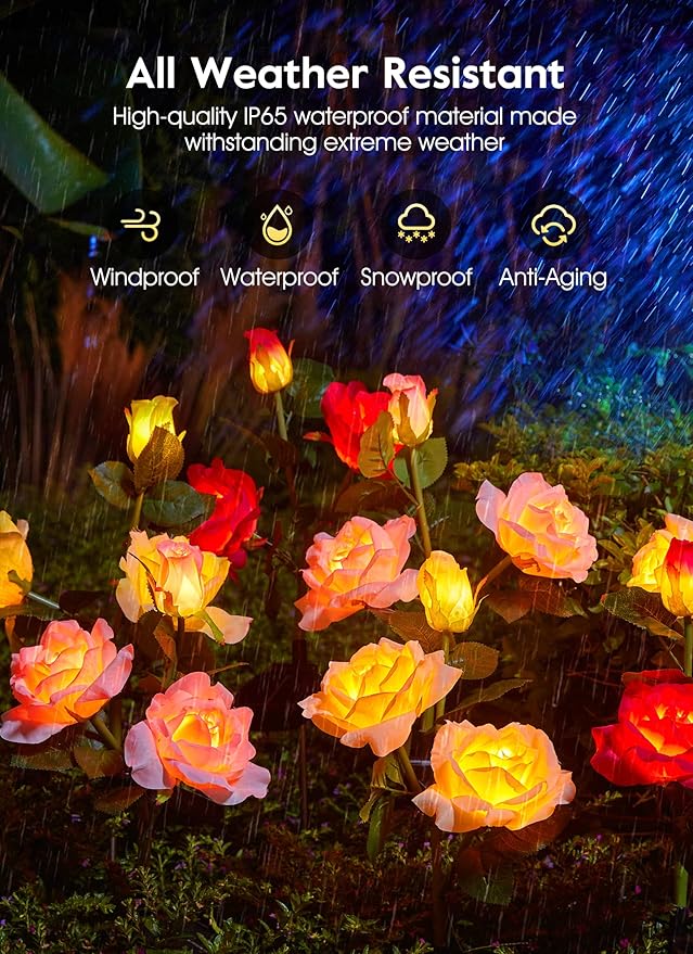 Brightown Outdoor Solar Garden Lights - 4 Pack LED Flower Lights with Realistic Rose, Bigger Solar Panel, Waterproof for Yard & Patio Decorations