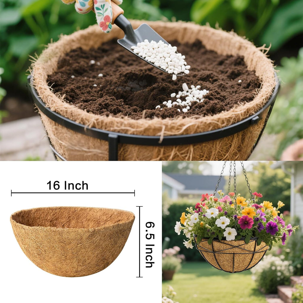 6 Pack 16 Inch Coco Liners for Hanging Baskets Coconut Husk Plant Liners 100% Natural Round Coco Coir Liner for Hanging Basket Flowers