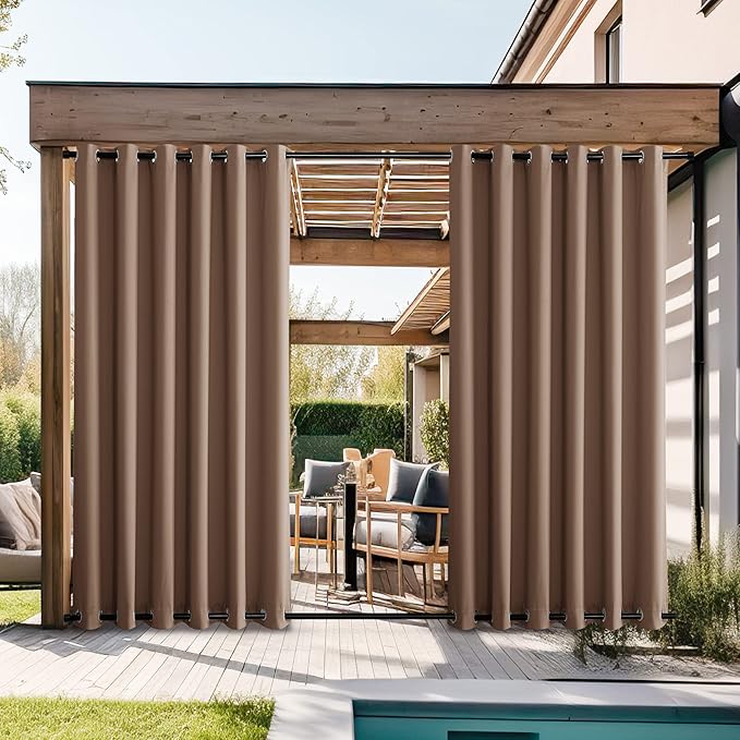NICETOWN Waterproof Weighted Outdoor Curtains Grommet Top & Bottom 2 Panels, Fixed Wind-Break Keep Warm Outdoor Patio Curtains Blackout Thermal Insulated Drapes for Perogola, Tan, W84 x L84
