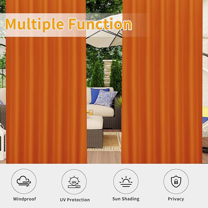 Easy-Going Outdoor Patio Curtains Detachable Tab Top Windproof Weatherproof Curtain for Cabana, Porch, Pergola and Gazebo, Tab Bottom Drape, 2 Panels, 54W x 96L inch, Orange