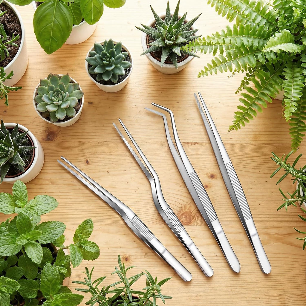 4Pcs Stainless Steel Tweezers Set for Small Garden Kitchen | 6.3″ / 6.5″ Straight & Curved Tip Precision Food Succulent Tweezers Multi-Purpose Tweezer Set Tools for Indoors and Outdoors